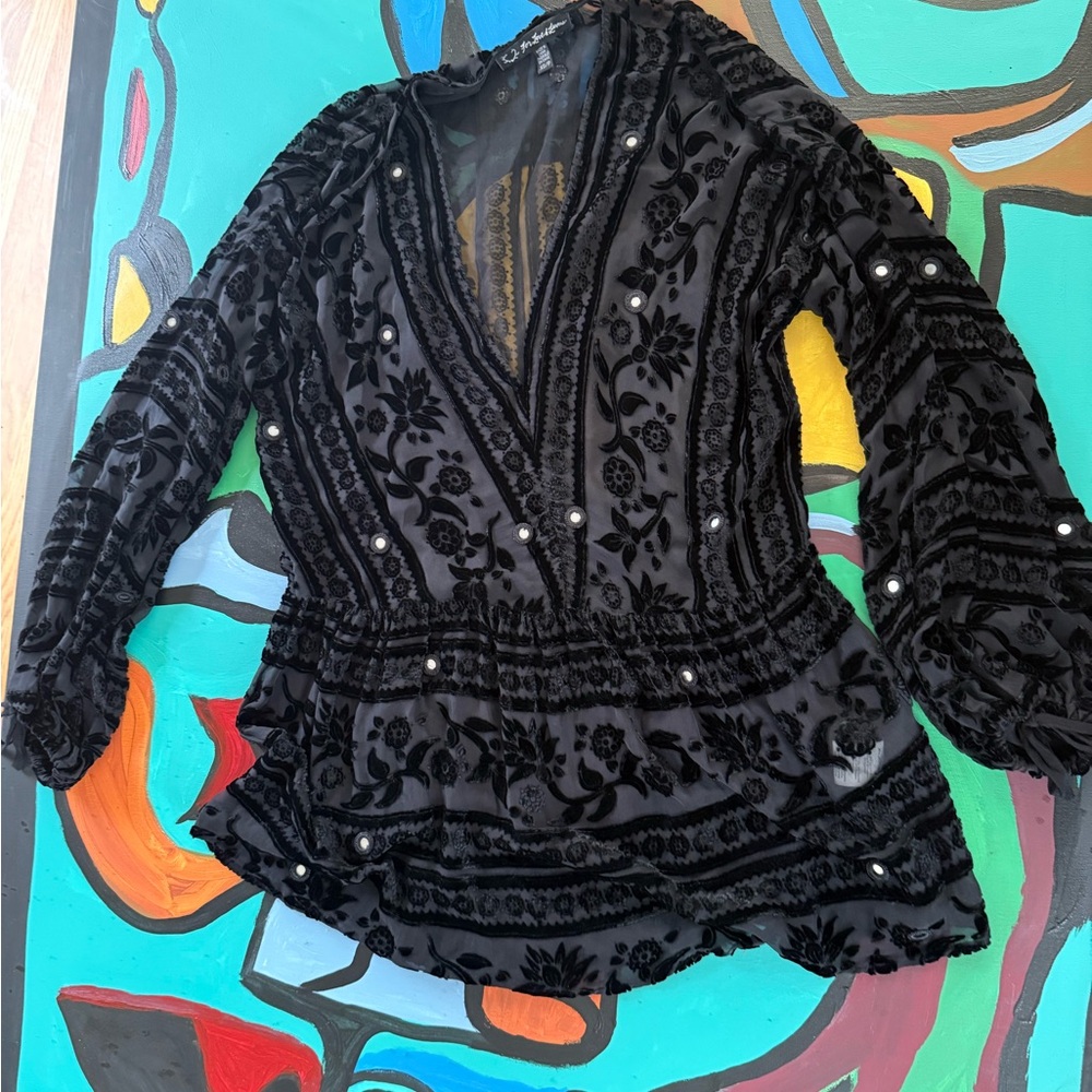 For Love And Lemons Black Velvet Burnout Embroidered Blouse Fairycore Whimsigoth